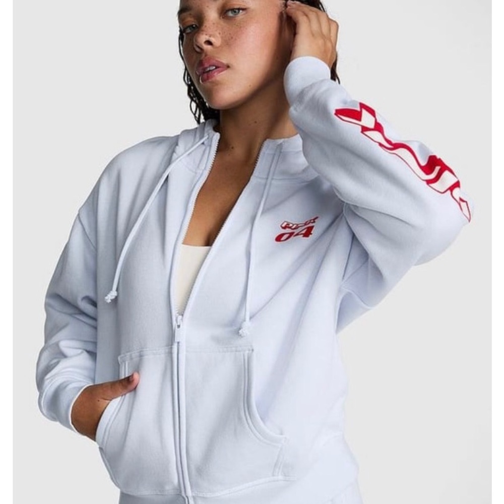 PINK Victoria's Secret White Zip Hoodie with Red Sleeve Graphic